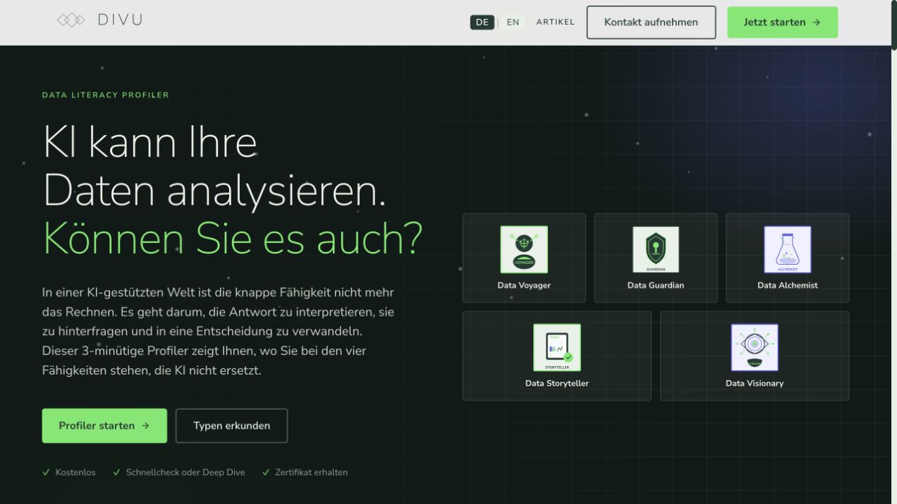 Startseite des Data Literacy Profilers, deutsche Version
